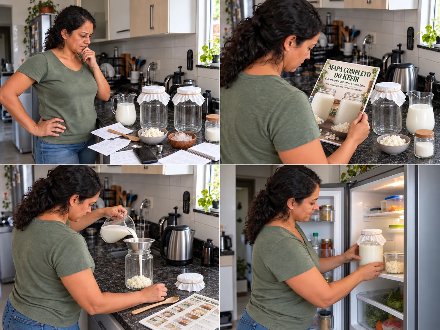 Quatro momentos: dúvida diante das culturas, consulta ao mapa, preparo do kefir de leite e bebida pronta na geladeira