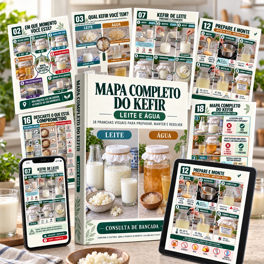 Mapa Completo do Kefir com capa e pranchas visuais das trilhas de leite e água