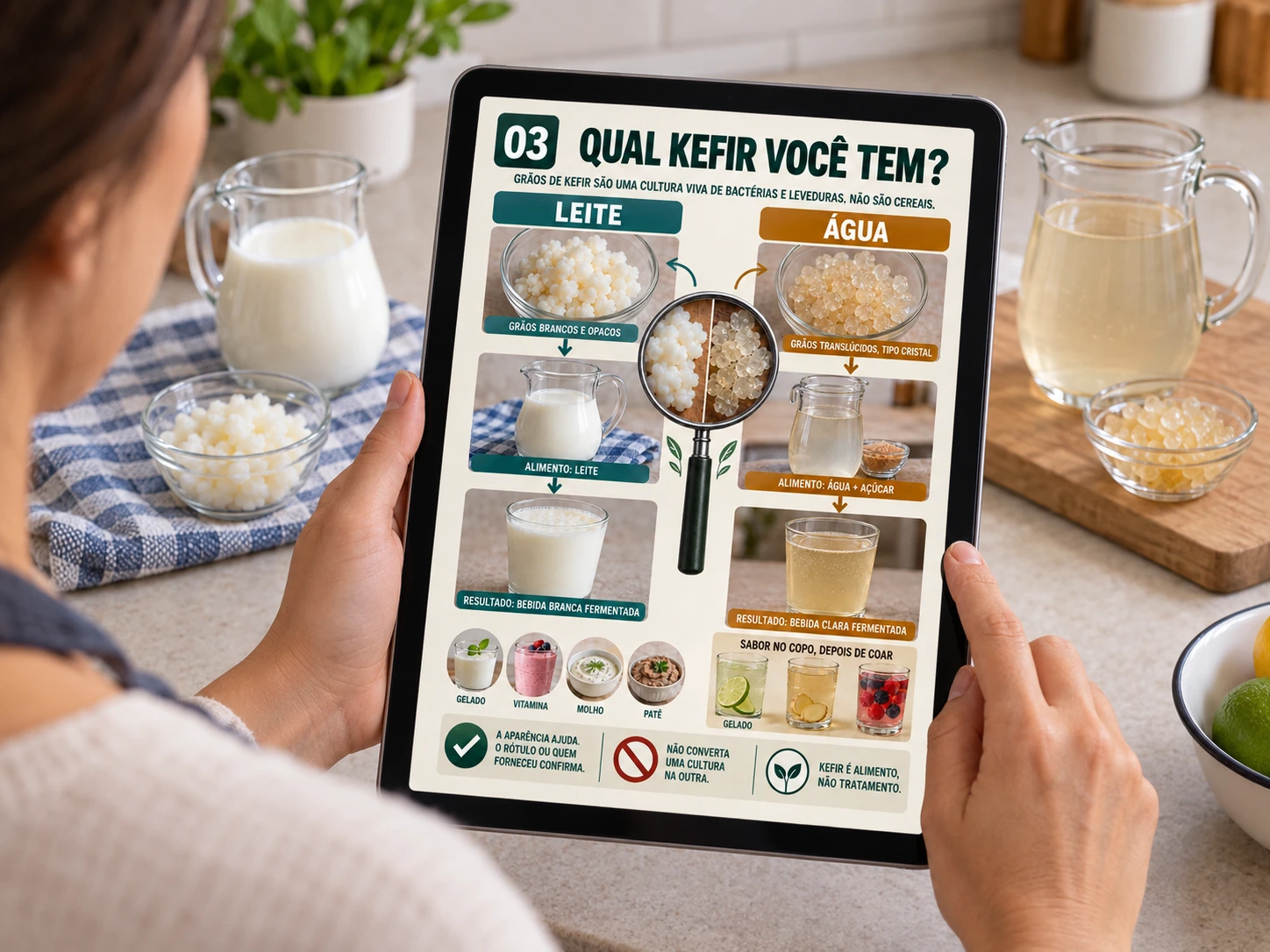 Pessoa consultando a prancha V5 que identifica o kefir de leite e o kefir de água