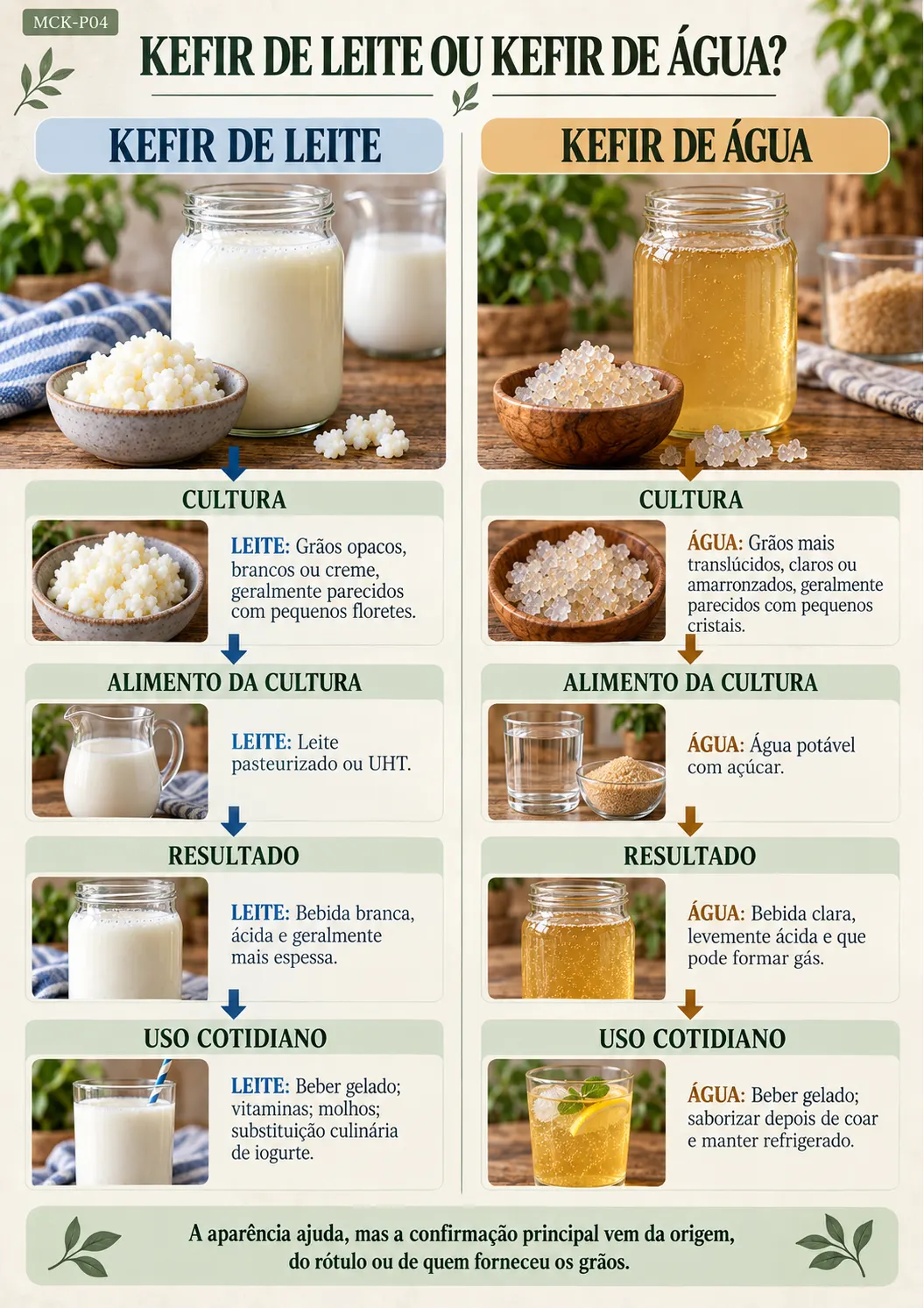 Página que diferencia kefir de leite e kefir de água